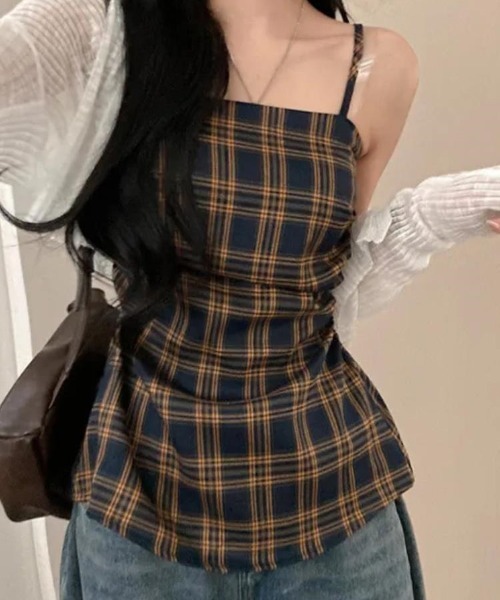 gossip!ロサンゼルス(ゴシップロサンゼルス)の「バックスモッキング チェックキャミソール(Tシャツ/カットソー・レディース・マルチ/ネイビー・FREE)」の11枚目の写真