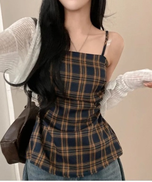 gossip!ロサンゼルス(ゴシップロサンゼルス)の「バックスモッキング チェックキャミソール(Tシャツ/カットソー・レディース・マルチ/ネイビー・FREE)」の14枚目の写真