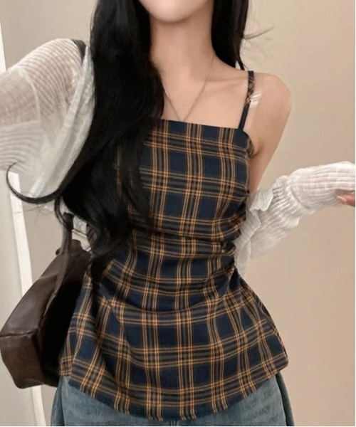 gossip!ロサンゼルス(ゴシップロサンゼルス)の「バックスモッキング チェックキャミソール(Tシャツ/カットソー・レディース・マルチ/ネイビー・FREE)」の15枚目の写真