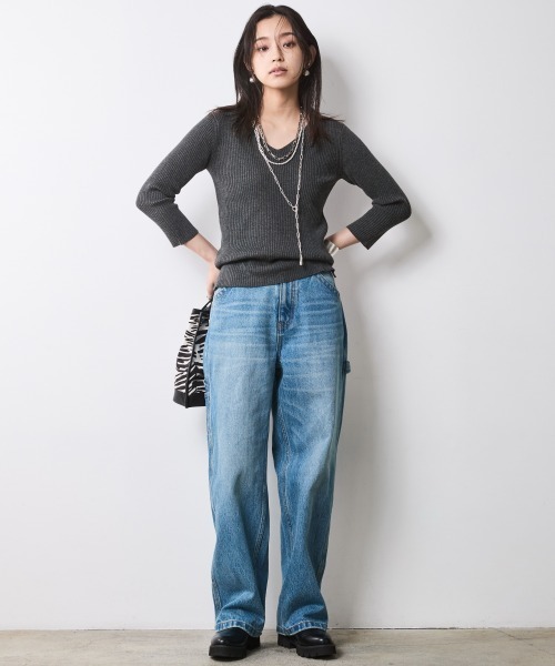 CHIC STYLE(シックスタイル)の「7分袖Vネックニットプルオーバー<大きいサイズ有>シックスタイル(ニット/セーター・レディース・グリーン系/ブラック/チャコールグレー・3L/L/LL/M/5L/4L)」の9枚目の写真