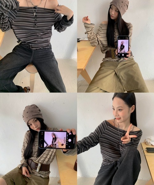 DEVICE(デバイス)の「ボーダー ルーズ オフショルダー ロンT トップス(Tシャツ/カットソー・レディース・ベージュ/チャコールグレー・FREE)」の9枚目の写真