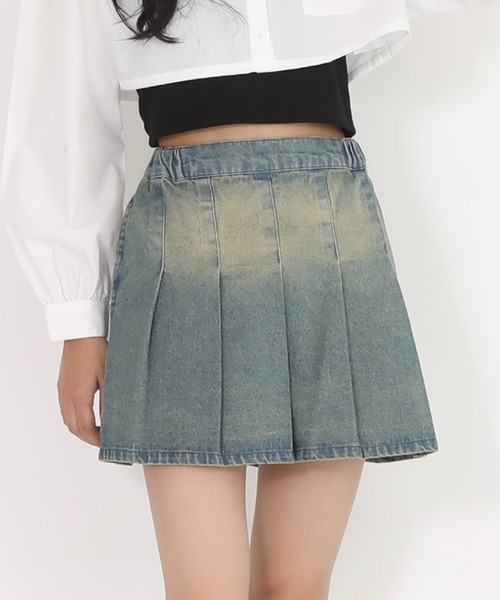 PINKHUNT(ピンクハント)の「PINKHUNT ピンクハント ブラストプリーツスカート 0877K(デニムスカート・キッズ・カーキ/ブルー・120cm/130cm/140cm/150cm/160cm)」の1枚目の写真