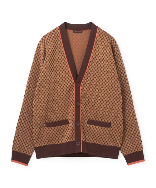 コットンポリエステル チェックジャカード Vネックカーディガン