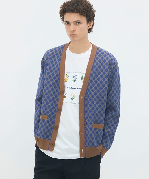 コットンポリエステル チェックジャカード Vネックカーディガン