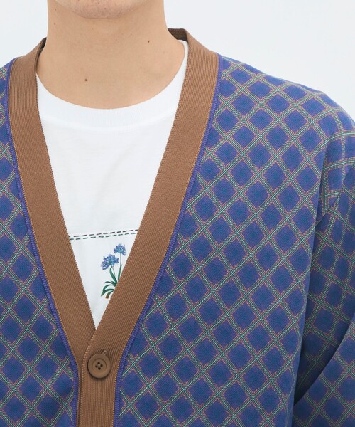 コットンポリエステル チェックジャカード Vネックカーディガン