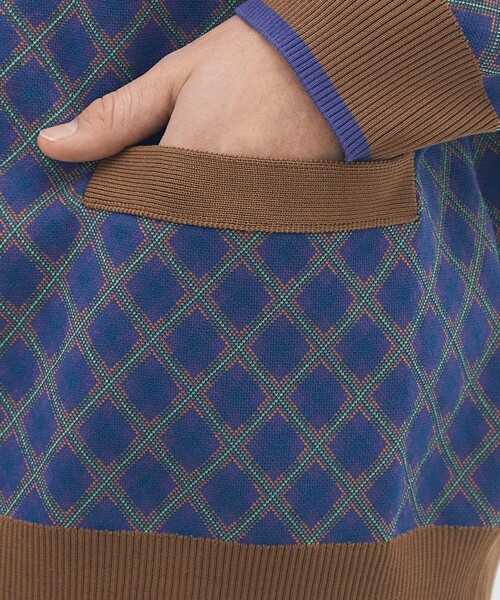 コットンポリエステル チェックジャカード Vネックカーディガン