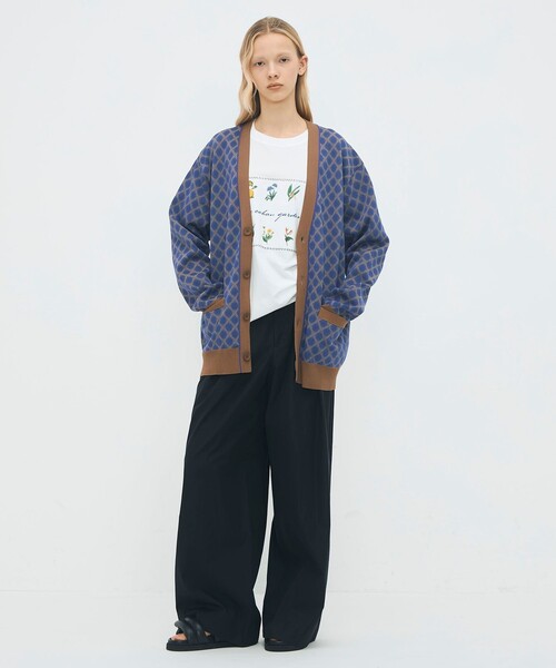 コットンポリエステル チェックジャカード Vネックカーディガン