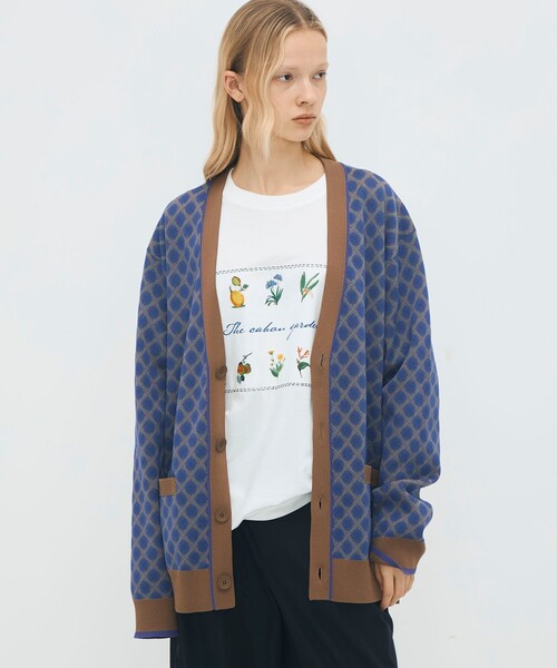 コットンポリエステル チェックジャカード Vネックカーディガン