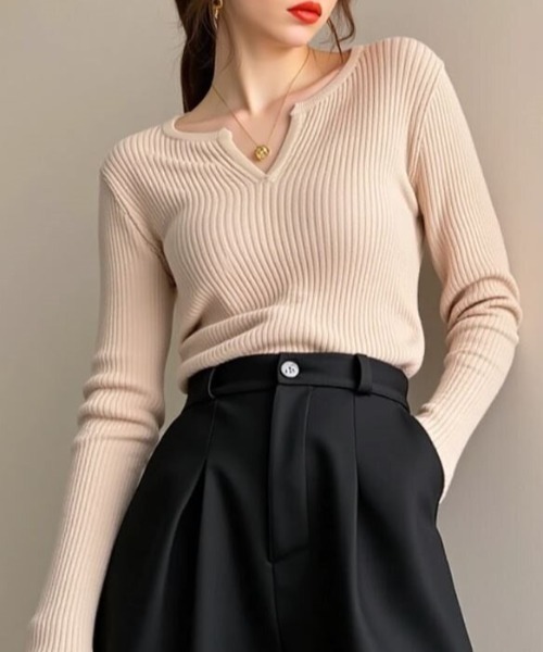cammie(キャミー)の「キーネックリブニット(ニット/セーター・レディース・ブラック/ライトグレー/キャメル・F)」の12枚目の写真