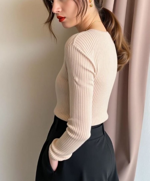cammie(キャミー)の「キーネックリブニット(ニット/セーター・レディース・ブラック/ライトグレー/キャメル・F)」の13枚目の写真