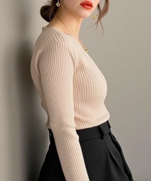 cammie(キャミー)の「キーネックリブニット(ニット/セーター・レディース・ブラック/ライトグレー/キャメル・F)」の14枚目の写真