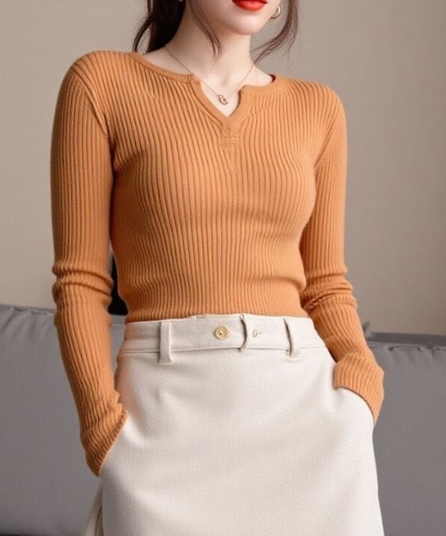 cammie(キャミー)の「キーネックリブニット(ニット/セーター・レディース・ブラック/ライトグレー/キャメル・F)」の19枚目の写真