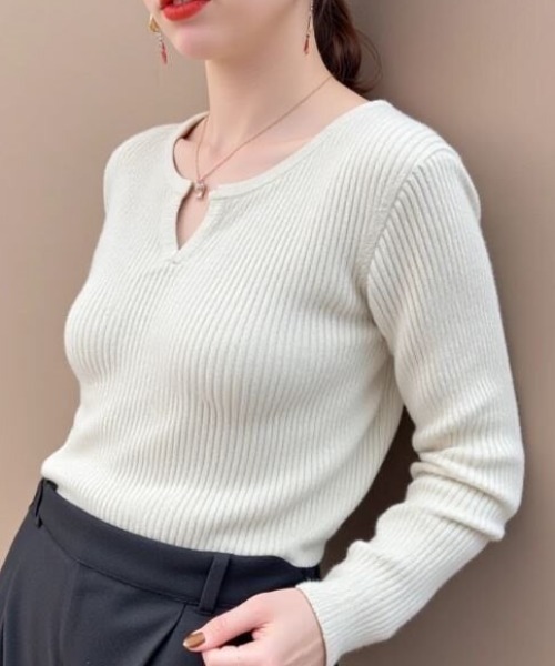 cammie(キャミー)の「キーネックリブニット(ニット/セーター・レディース・ブラック/ライトグレー/キャメル・F)」の8枚目の写真
