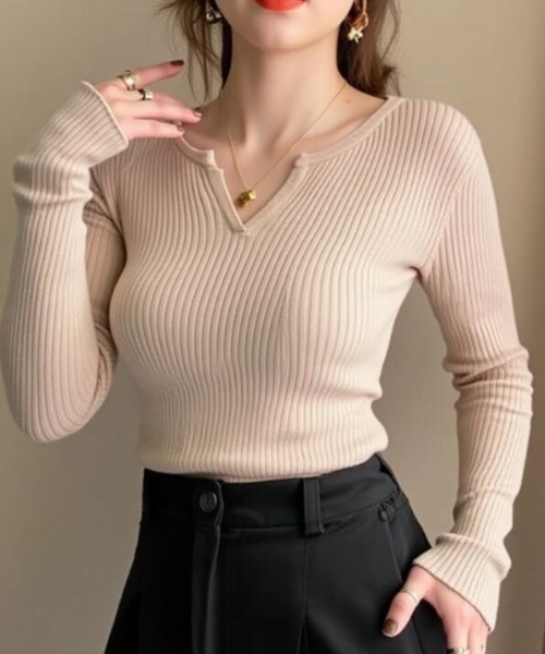 cammie(キャミー)の「キーネックリブニット(ニット/セーター・レディース・ブラック/ライトグレー/キャメル・F)」の16枚目の写真