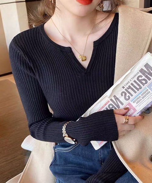 cammie(キャミー)の「キーネックリブニット(ニット/セーター・レディース・ブラック/ライトグレー/キャメル・F)」の5枚目の写真