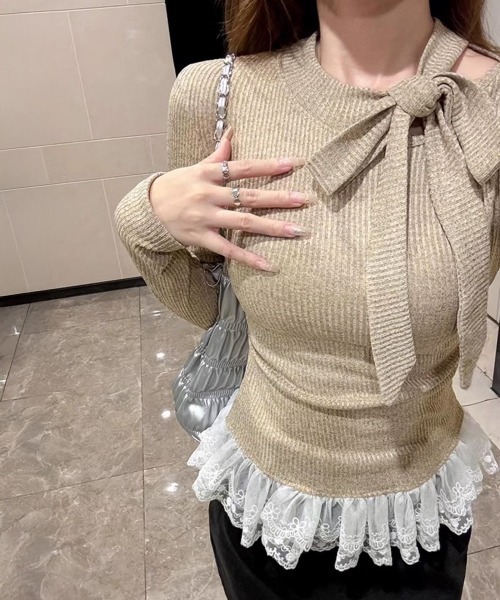 Miniministore(ミニミニストア)の「リボンネックニット 裾レースカットソー秋(Tシャツ/カットソー・レディース・ブラック/グレー/ホワイト/ベージュ・FREE)」の1枚目の写真