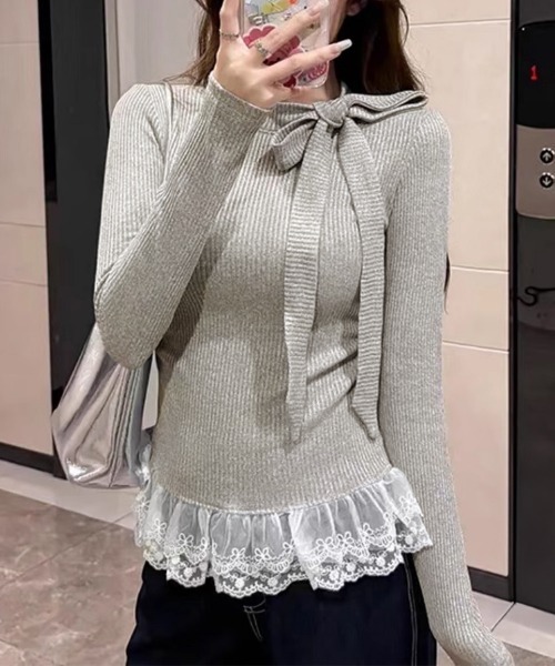 Miniministore(ミニミニストア)の「リボンネックニット 裾レースカットソー秋(Tシャツ/カットソー・レディース・ブラック/グレー/ホワイト/ベージュ・FREE)」の4枚目の写真