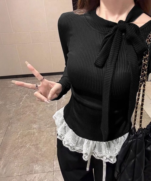Miniministore(ミニミニストア)の「リボンネックニット 裾レースカットソー秋(Tシャツ/カットソー・レディース・ブラック/グレー/ホワイト/ベージュ・FREE)」の3枚目の写真