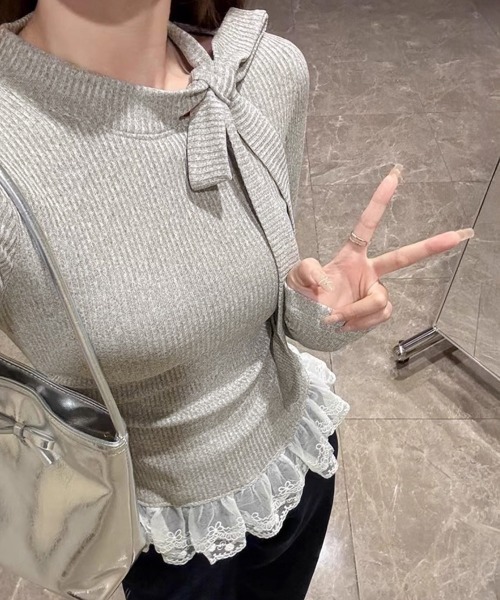 Miniministore(ミニミニストア)の「リボンネックニット 裾レースカットソー秋(Tシャツ/カットソー・レディース・ブラック/グレー/ホワイト/ベージュ・FREE)」の5枚目の写真