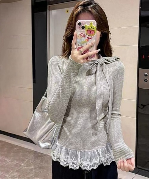 Miniministore(ミニミニストア)の「リボンネックニット 裾レースカットソー秋(Tシャツ/カットソー・レディース・ブラック/グレー/ホワイト/ベージュ・FREE)」の6枚目の写真