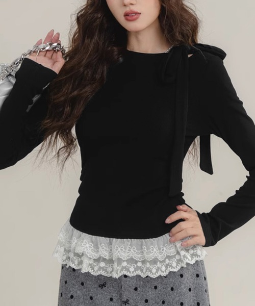 Miniministore(ミニミニストア)の「リボンネックニット 裾レースカットソー秋(Tシャツ/カットソー・レディース・ブラック/グレー/ホワイト/ベージュ・FREE)」の8枚目の写真
