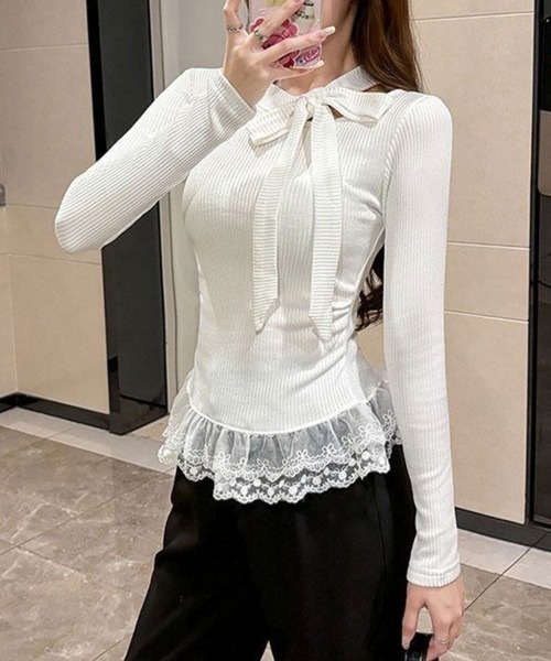 Miniministore(ミニミニストア)の「リボンネックニット 裾レースカットソー秋(Tシャツ/カットソー・レディース・ブラック/グレー/ホワイト/ベージュ・FREE)」の11枚目の写真