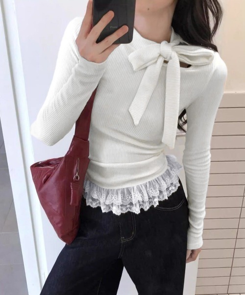Miniministore(ミニミニストア)の「リボンネックニット 裾レースカットソー秋(Tシャツ/カットソー・レディース・ブラック/グレー/ホワイト/ベージュ・FREE)」の13枚目の写真