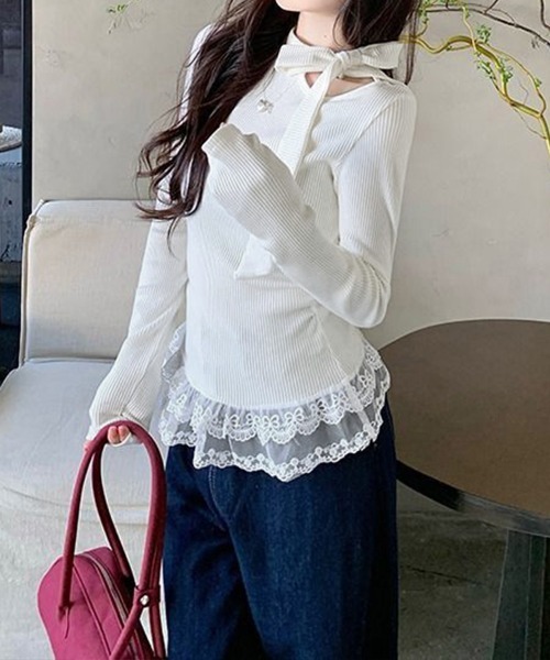 Miniministore(ミニミニストア)の「リボンネックニット 裾レースカットソー秋(Tシャツ/カットソー・レディース・ブラック/グレー/ホワイト/ベージュ・FREE)」の14枚目の写真