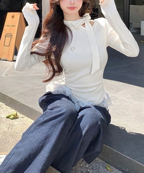 Miniministore(ミニミニストア)の「リボンネックニット 裾レースカットソー秋(Tシャツ/カットソー・レディース・ブラック/グレー/ホワイト/ベージュ・FREE)」の15枚目の写真