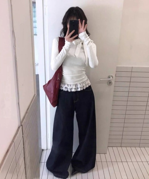 Miniministore(ミニミニストア)の「リボンネックニット 裾レースカットソー秋(Tシャツ/カットソー・レディース・ブラック/グレー/ホワイト/ベージュ・FREE)」の16枚目の写真
