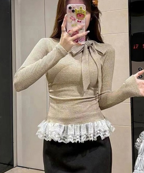 Miniministore(ミニミニストア)の「リボンネックニット 裾レースカットソー秋(Tシャツ/カットソー・レディース・ブラック/グレー/ホワイト/ベージュ・FREE)」の17枚目の写真