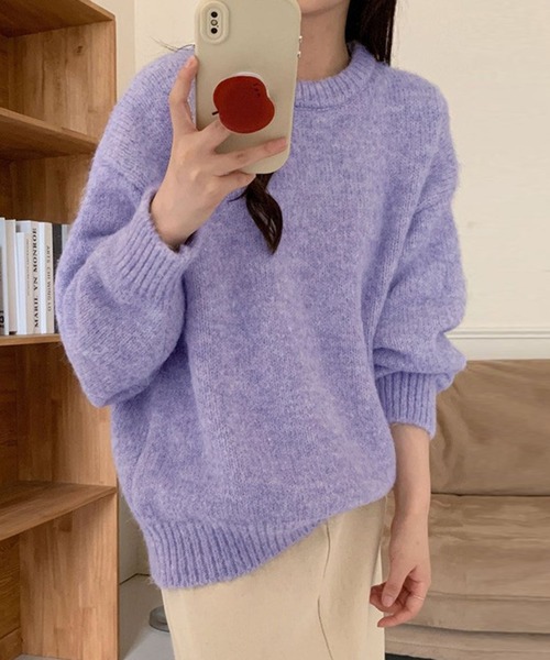 DAY CLOSET(デイ クローゼット)の「【厚手/ゆるっとリブヘムオーバーサイズ】長袖ドロップショルダールーズニットトップス レディース(ニット/セーター・レディース・ベージュ/パープル/ホワイト/ピンク/グレー/ブルー・FREE)」の1枚目の写真