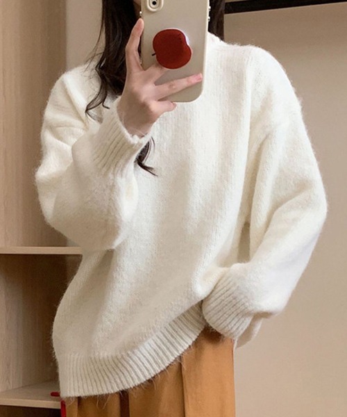 DAY CLOSET(デイ クローゼット)の「【厚手/ゆるっとリブヘムオーバーサイズ】長袖ドロップショルダールーズニットトップス レディース(ニット/セーター・レディース・ベージュ/パープル/ホワイト/ピンク/グレー/ブルー・FREE)」の2枚目の写真