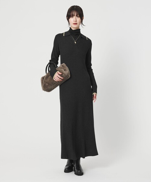 セール】ウールポリエステルブレンド メランジ リブニットワンピース