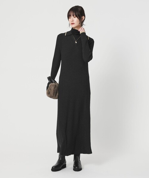 ウールポリエステルブレンド メランジ リブニットワンピース