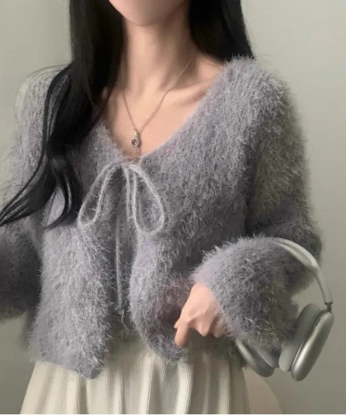 ampm（エーエムピーエム）の「シャギーヤーン リボンショートカーディガン（カーディガン/ボレロ・レディース・ピンク/ホワイト/グレー・FREE）」の3枚目の写真