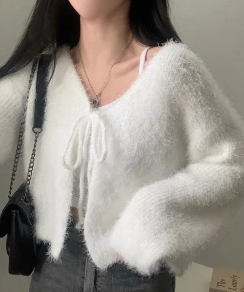 ampm（エーエムピーエム）の「シャギーヤーン リボンショートカーディガン（カーディガン/ボレロ・レディース・ピンク/ホワイト/グレー・FREE）」の11枚目の写真