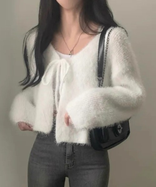 ampm（エーエムピーエム）の「シャギーヤーン リボンショートカーディガン（カーディガン/ボレロ・レディース・ピンク/ホワイト/グレー・FREE）」の12枚目の写真