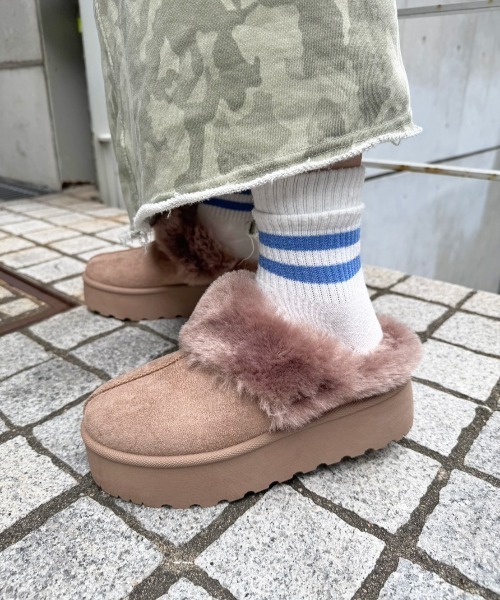 セール】軽量厚底 2WAY ファーベルト付 ボア ムートン サボ スリッポン