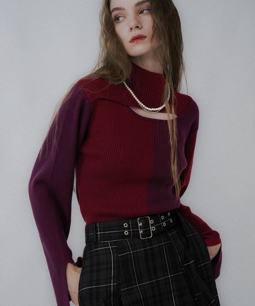 HARE（ハレ）の「フロントアキマルチカラータイトニット(HARE)（ニット/セーター・レディース・ブラック/レッド/イエロー・FREE）」の3枚目の写真