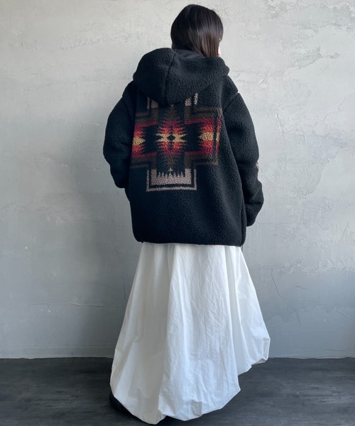 ペンドルトン pendleton レザー袖ネイティブ柄スタジャン PENDLETON/ペンドルトン] ネイティブ柄 ボアフリース ジップフード