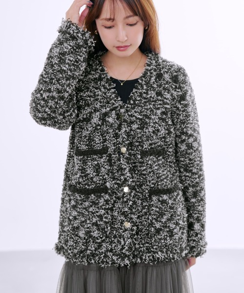 ルネお嬢様ジャケットフリンジデザイン 黒 長袖カーディガン Ellno Loset（エルノロゼット）の「フリンジジャガードカーディガン