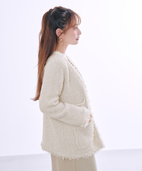 フリンジツイードニットジャケット 【低身長・小柄女性