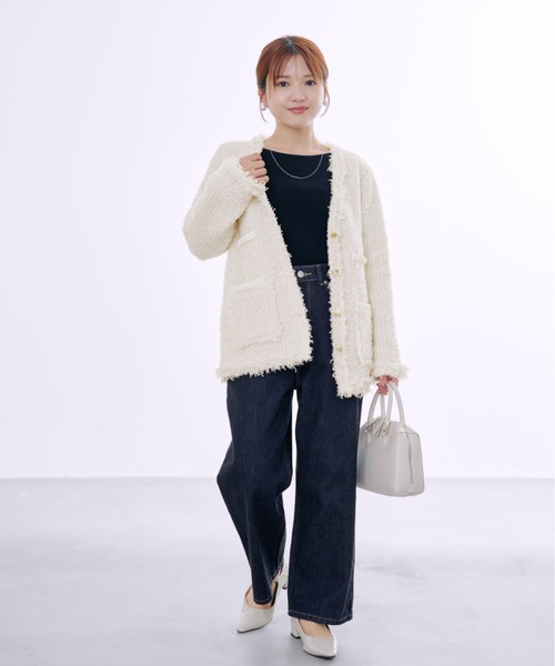 フリンジツイードニットジャケット 【低身長・小柄女性