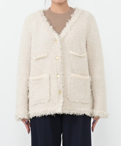 フリンジツイードニットジャケット 【低身長・小柄女性