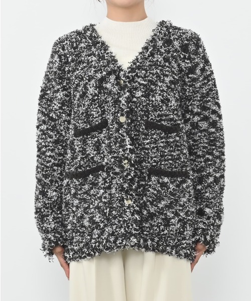 フリンジツイードニットジャケット 【低身長・小柄女性