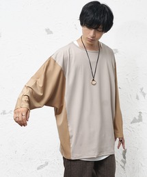 【MinoriTY】とろみ素材オーバーサイズドルマンシルエット切り替えデザインロンT 長袖Tシャツ メンズ プルオーバー ルーズフィット 秋服