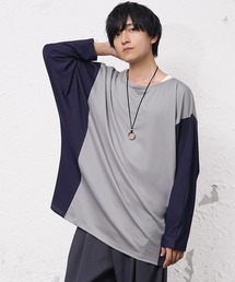 【MinoriTY】とろみ素材オーバーサイズドルマンシルエット切り替えデザインロンT 長袖Tシャツ メンズ プルオーバー ルーズフィット 秋服