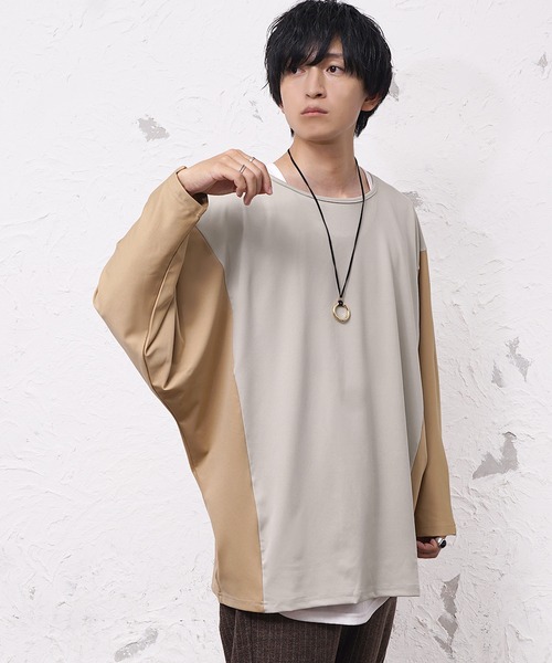 MinoriTY(マイノリティ)の「【MinoriTY】とろみ素材オーバーサイズドルマンシルエット切り替えデザインロンT 長袖Tシャツ メンズ プルオーバー ルーズフィット 秋服(Tシャツ/カットソー・メンズ・ベージュ/ネイビー・M/S/L)」の3枚目の写真
