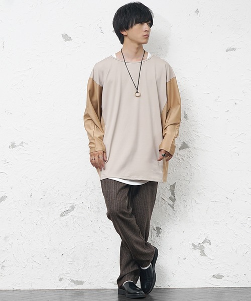 MinoriTY(マイノリティ)の「【MinoriTY】とろみ素材オーバーサイズドルマンシルエット切り替えデザインロンT 長袖Tシャツ メンズ プルオーバー ルーズフィット 秋服(Tシャツ/カットソー・メンズ・ベージュ/ネイビー・M/S/L)」の7枚目の写真